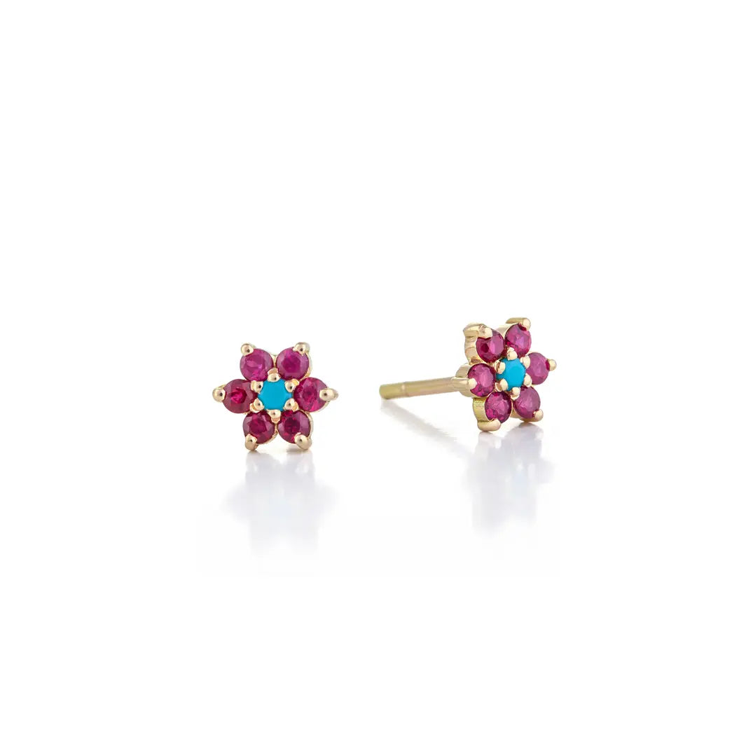 Mini Ruby & Turquoise Daisy Earrings