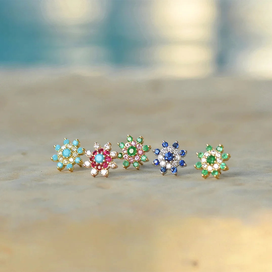 Diamond & Emerald Sun Earrings, Small size