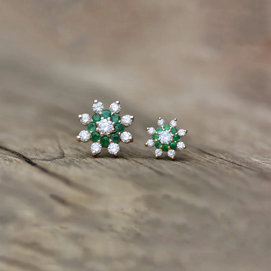 Diamond & Emerald Sun Earrings, Small size