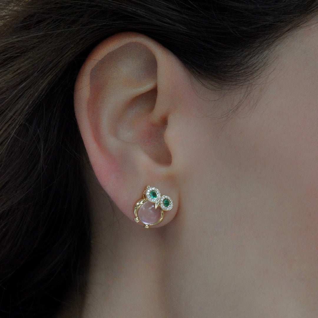 Rose-Quartz Owl Earrings